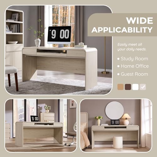 63" Modern Computer Desk with 2 Drawers, Wood Curved (Cream) - Image 5