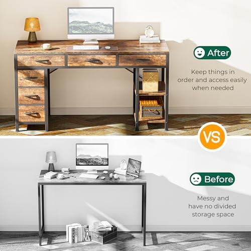Huuger Computer Desk with 6 Drawers, Office Desk with Shelves, Reversible Gaming Desk, Corner Desk with Storage, Work for Home Office, Study, Living Room, 47inch, Rustic Brown - Image 5
