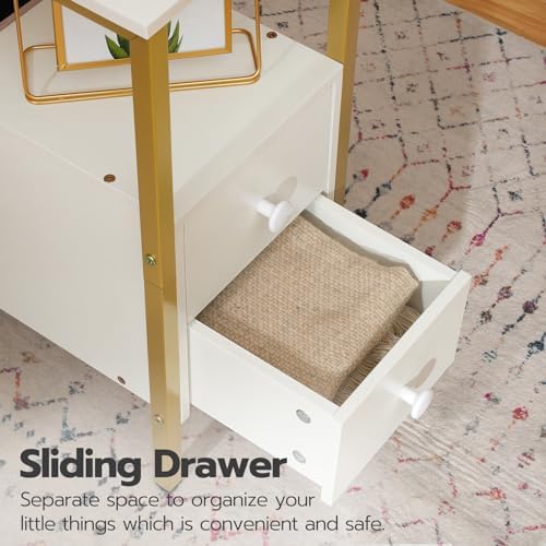 HOOBRO End Table with Charging Station, Narrow Side Table with 2 Drawer & USB Port & Power Outlets, Nightstand for Small Spaces, Stable and Sturdy, for Living Room, Bedroom, Gold and White DW541BZ01 - Image 6