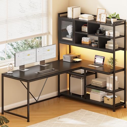 SEDETA L Shaped Computer Desk with Storage Shelves and Bookshelf, Black by SEDETA