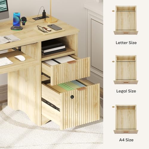 Bestier 55" Desk with Fingerprint Lock & Charging, Keyboard Tray, Oak - Image 4