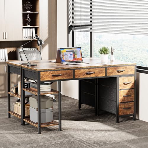 Huuger Computer Desk with 6 Drawers, Office Desk with Shelves, Reversible Gaming Desk, Corner Desk with Storage, Work for Home Office, Study, Living Room, 47inch, Rustic Brown - Image 2