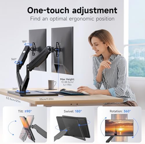 suptek Dual Monitor Mount Gas Spring Monitor Arm Desk Stand with Base,Free Standing Pneumatic Height Adjustable Monitor Stand for 17 to 34 inch,Holds up to 24.25 lbs,Black(ML8SPX) - Image 3