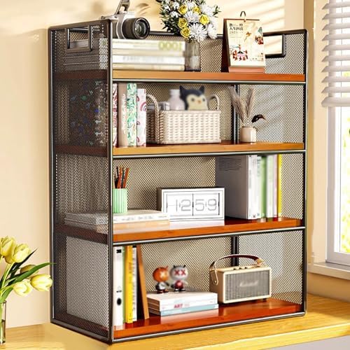 Mesh Metal Dorm Desk Hutch with Handle,Desktop Bookshelf Organizer,Office File Paper Tray Organizer for Home Office,School Supplies(15.7" W x 6.3" D x 19.6" H, Black Wood 4 Tier) by Unknown