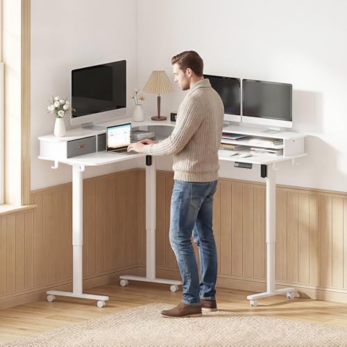 2-Tier L Shaped Electric Standing Desk with Drawers, 63 x 55 Height Adjustable Desk with Memory Controller, Storage, Ergonomic Corner Desk Sit Stand up Computer Table for Home Office, White - Image 2