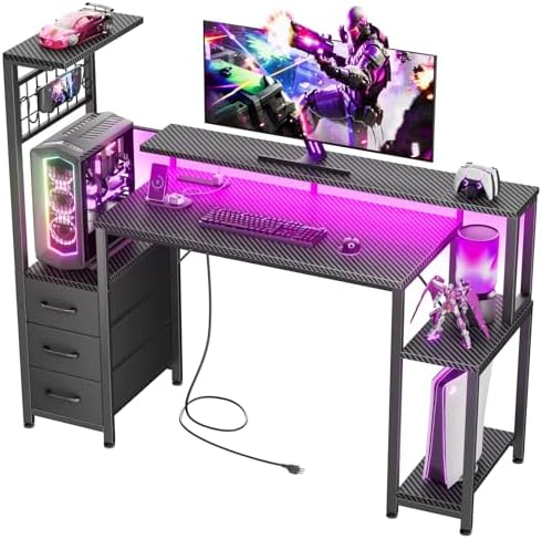 Korfile 48" Gaming Desk with Power Outlet, LED, Carbon Fiber Black Finish by Korfile