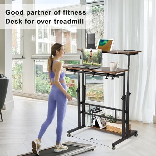 Hadulcet Mobile Standing Desk Adjustable Height, Rolling Desk Stand Up Desk, Mobile Laptop Desk, Rolling Computer Desk with Charging Station, Portable Desk with Wheels, Rustic Brown - Image 6