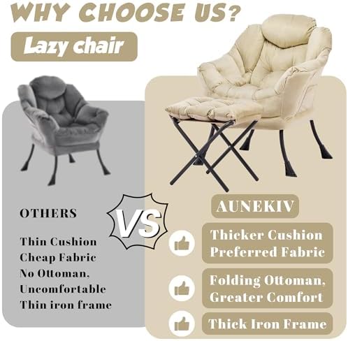 Lazy Chair with Ottoman, Comfy Reading Chair, Khaki - Image 4