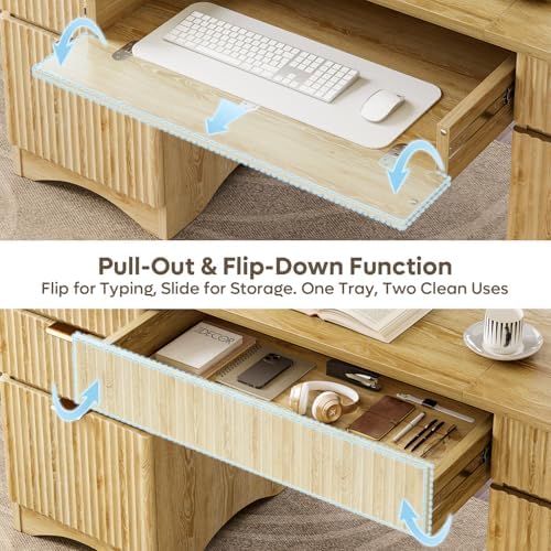 Bestier 63 Inch Home Office Desk with Drawers, Fluted Executive Desk with Ample File Drawer, Keyboard Tray & Storage Cabinet for Study, Living Room, Bedroom, Natural Oak - Image 4