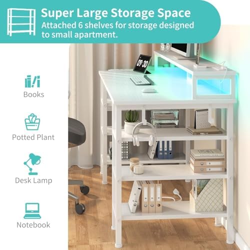 Lufeiya White Desk with Storage Shelves - 47 inch Home Office Gaming Desk with Monitor Stand, Computer Desk with LED Lights and Power Outlets, White - Image 4