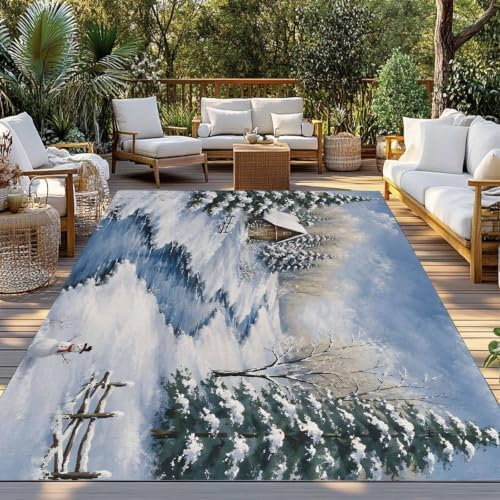 Winter Landscape 6x9 Waterproof Outdoor Rug with Non‑Slip Backing Rustic Nature Snowy Stream Wooden Cabin Machine Washable Deck Patio Rug Mat for Camping, RV, Garden, Balcony Pool - Image 2