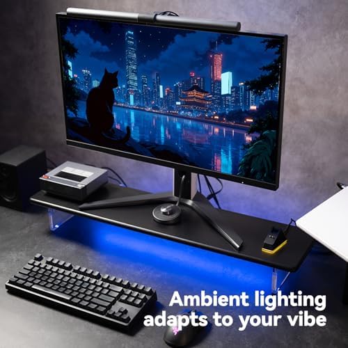 Bamboo Monitor Stand, Desk Shelf with Acrylic Legs and RGB Lights - Image 3