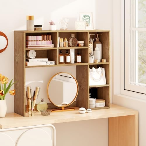Tangkula Desktop Bookshelf, 37" Countertop Storage Hutch with 7 Cubes & 3 Adjustable Shelves, 3-Tier Desk Display Rack Organizer, Multipurpose Wood Desktop Hutch for Dorm Home Office (Natural) - Image 5