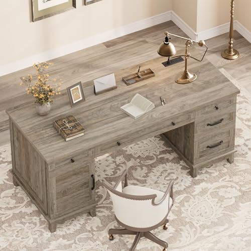 GarveeHome Farmhouse Executive Desk with File Drawers, 60 in Home Office Desk with Charging Station, Wooden Computer Desk with Cabinet Storage for Work Study Writing, Rustic Gray - Image 3
