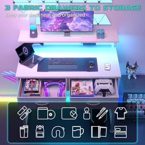 MUTUN Small Desk with Drawers, 31 Inch Computer Desk with Power Outlet & LED Light, Gaming Desk with Adjustable Monitor Stand & Pegboard, Modern PC Study Writing Table for Bedroom, White - Image 5