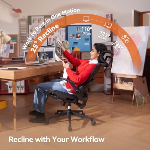 SIHOO B100 Office Chair, Ergonomic Office Chair Without Footrest, Computer Chair with Wide Headrest & Adaptive Lumbar Support, Flip-up Armrests, Swivel Desk Chair for Long Hours, Black - Image 6
