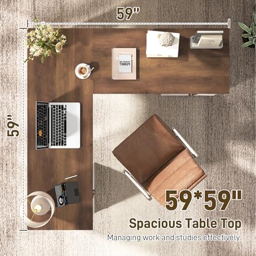 Vabches Farmhouse L Shaped Executive Desk with 6 Drawers, 59’’ Wood Home Office Desk with File Cabinet, Writing Corner Computer Desk for Home Office, Work, Study, White and Brown - Image 2