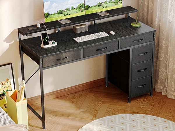 Huuger Gaming Desk with 6 Drawers, Computer Desk with LED Lights Power Outlets and Type-C, 47 Inch Office Desk with Storage, Monitor Stand, Writing Desk Work Desk Home Office, Bedroom, Black - Image 2