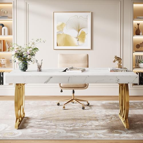 Tribesigns 63-Inch Executive Desk, Modern Office Computer Desk with Stylish Gold Legs, Rectangular Workstation for Home Office, Small Conference Table for Meeting Room (White & Gold) - Image 2