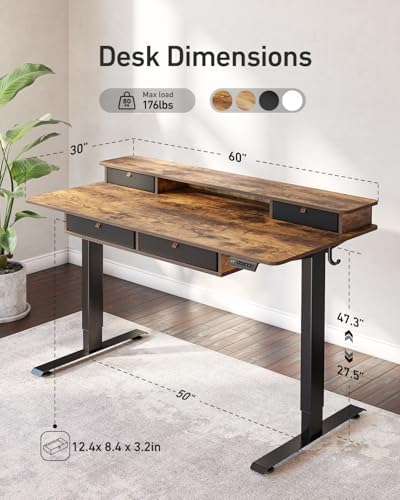 CubiCubi 60" x 30" Standing Electric Desk with Drawers, Rustic Brown - Image 3