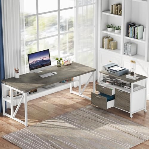 Tribesigns L Shaped Desk with Drawer Cabinet, 63" Executive Computer Desk and lateral File Cabinet, 2 Piece Home Office Furniture with Drawers for Hanging File, Doors with Locks (Dark Oak, 63-inches) - Image 3