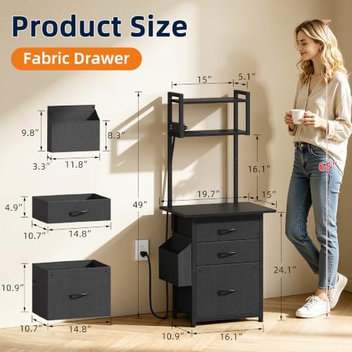 HIGDBFE 3 Drawer File Cabinet with Charging Station, 49''H Tall, 3-Tier Small Filing Cabinet for Home Office, 20''*15'' for Small Printer, Fabric Drawer, Printer Stand, Black - Image 2
