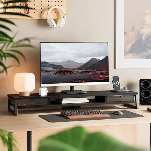 Fenge Dual Monitor Stand Riser, 42.5in Desk Shelf with 2 Drawers, Black - Image 2