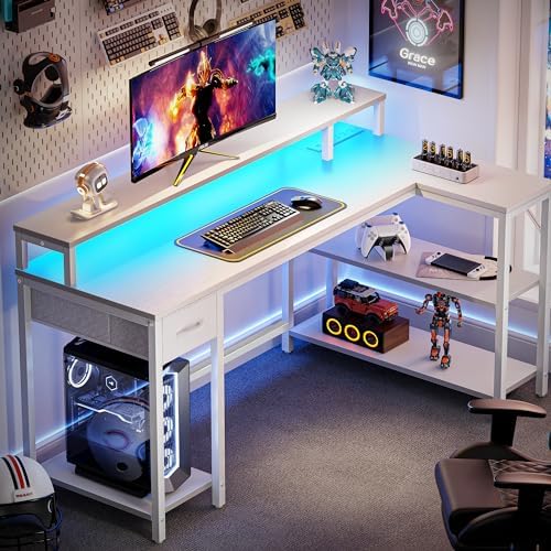 SUPERJARE 53 inch Reversible L Shaped Desk with LED Lights & Power Outlets, Computer Desk with Shelves & Monitor Stand, Gaming Desk with Drawer, Home Office Desk Corner Desk, PU White Drawer - Image 2