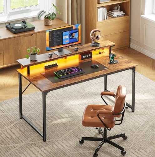 PRAISUN 40 inch Gaming Desk, LED & Outlets, Monitor Stand, Rustic Brown - Image 2