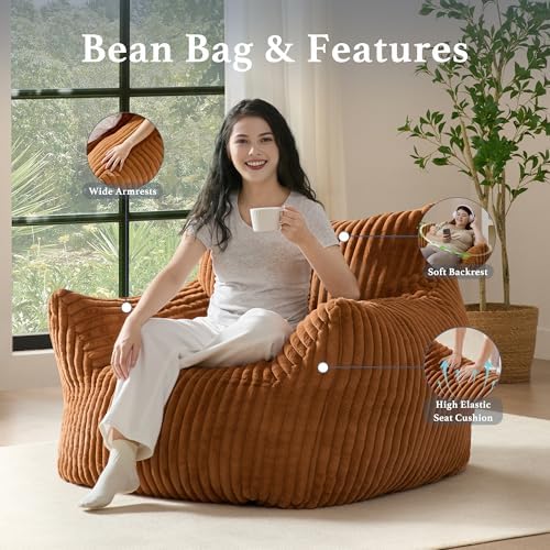 Giant Plush Bean Bag Chair for Adults with Armrests - Oversized Comfy Orange Beanbag Lounge Lazy Floor Sofa Accent Chair for Living Room, Bedroom & Dorm, Cozy Fluffy Single Cloud Mini Couch - Image 4