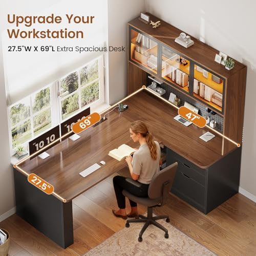 SEDETA L Shaped Computer Office Desk with 3 Wood Drawer and Large Bookshelf - Image 3
