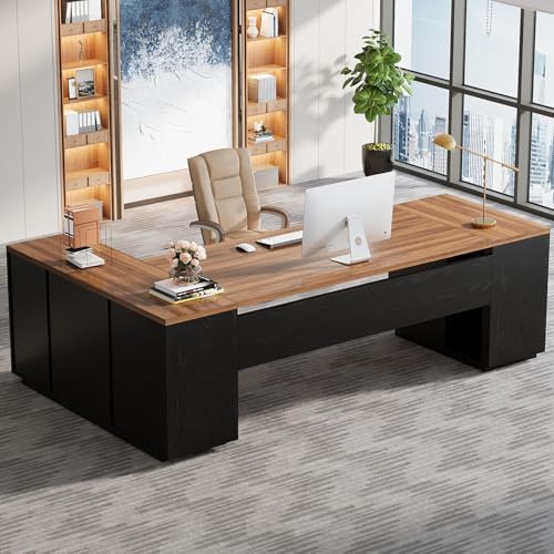 Tribesigns 85.8-Inch L-Shaped Executive Desk, Warm Brown & Black - Image 4