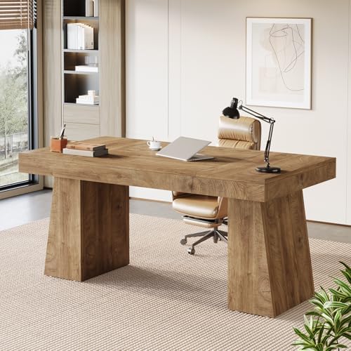 Tribesigns 55-Inch Executive Desk, Thick Wood Office Computer Desk with Double Pedestal, Modern Minimalist Workstations Writing Table Conference Table Furniture for Home Office, Brown by Tribesigns
