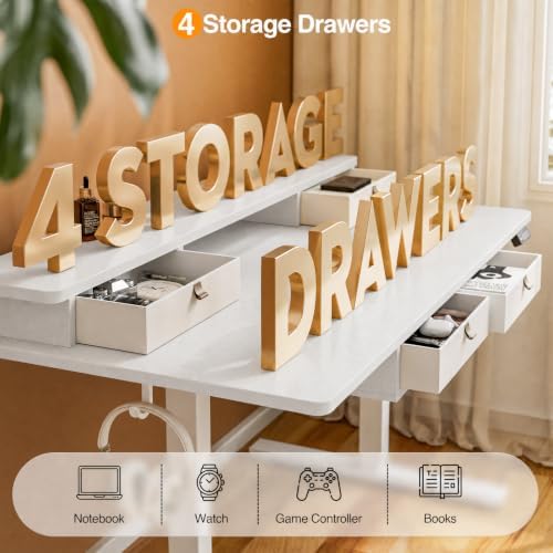 Grandder Electric Standing Desk with Four Drawers, Sit to Stand Up Height Adjustable Desk with Storage Shelf for Home Office, 47 * 28 Inch, Study, Ergonomic Adjustable Computer Desk, White - Image 4