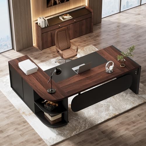Tribesigns 80'' L-Shaped Desk, Large Executive Office Desk with 55'' Drawers Cabinet, Modern Computer Table with Storage Shelves, Business Furniture for Home Office, Walnut & Black - Image 4