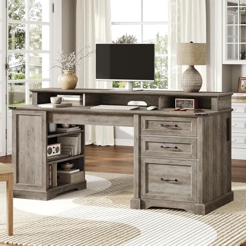 RALGEND 55'' Farmhouse Desk with Drawers, Office Desk with File Cabinet by RALGEND