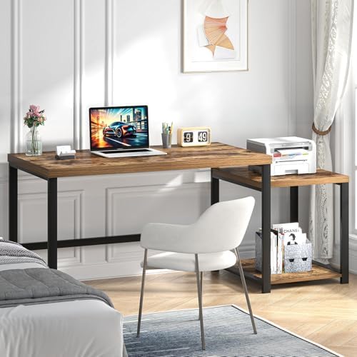 FOLUBAN Large Computer Desk for Home Office with Printer Space, Wood Study Gaming Workstation Table with Storage Shelves, Long Writing Desk for Bedroom Living Room, Rustic Brown, 63 Inch - Image 3