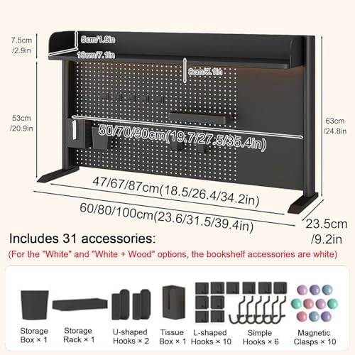 Desktop Bookshelf Organizer, Desktop Bookshelf Adjustable Hutch,Countertop Desk Hutch with Pegboard and Accessories,Storage Organizer Display Rack for Home Office Dorm(White 2,L60xh63cm/23.6x24.8'') - Image 2