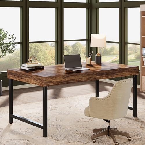 Tribesigns 55" Industrial Executive Desk for Home Office, Rustic Simple Computer Laptop Desk with Strong Metal Legs, Study Writing Table Business Workstation, Small Conference Table, Walnut - Image 4