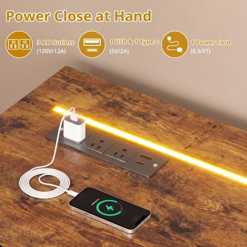 39.4'' L Shaped Gaming Desk with LED Lights & Power Outlets, Rustic Brown - Image 4