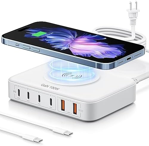 6-in-1 Desktop Charger - 100W USB with 15W Wireless, 2 USB A & 4 USB C Ports for iPhone, iPad, MacBook, Laptop, Samsung & Android Devices by Marnana