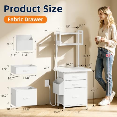 HIGDBFE 3 Drawer File Cabinet with Charging Station, 49''H Tall, 3-Tier Small Filing Cabinet for Home Office, 20''*15'' for Small Printer, Fabric Drawer, Printer Stand, White - Image 2