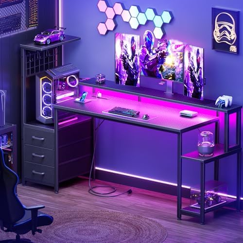 Korfile 63 Inch Gaming Desk with Bluetooth LED Lights & Power Outlets,Computer Desk with Fabric Drawers & Hooks,Reversible Gamer Table with Monitor Stand for Game Room,Home Office,Carbon Fiber Black - Image 2