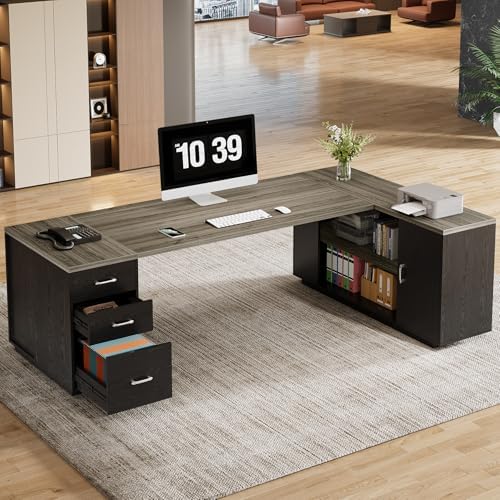 Tribesigns 85.8-Inch L-Shaped Executive Desk, Grey & Black - Image 3