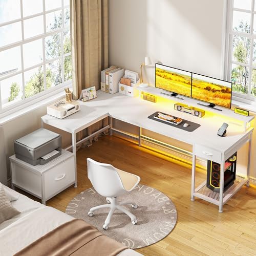 DurayLoly 63" L Shaped Desk with 2 Drawers and Printer Stand,Bedroom,White by Durayloly