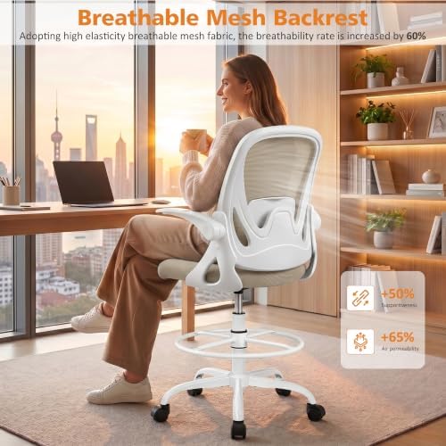 Drafting Chair Tall Office Chair with Flip-up Armrests, Adjustable Height, and Enhanced Lumbar Support - Ergonomic Rolling Stool, Back Support, and Adjustable Foot Rest Ring for Standing Desk Khaki - Image 7