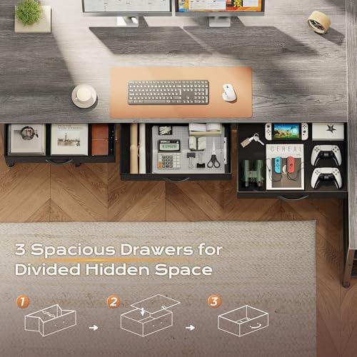 PRAISUN 63 Inch L Shaped Office Desk with Power Outlets and Type-C Port, Large Computer Gaming Desk with 3 Fabric Drawers, Mesh Shelves, Corner Study Work Writing Desk, Grey - Image 7