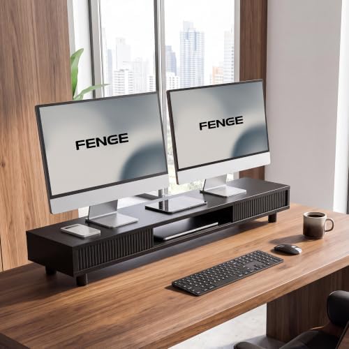 Fenge Dual Monitor Stand with Storage, Desk Shelf with Glass Sliding Door - Image 5