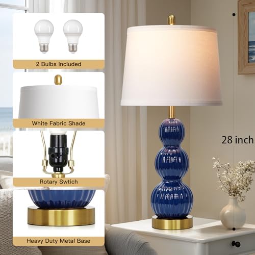 28" Navy Blue Table Lamps Set of 2 for Living Room, Modern Ceramic Bedside Lamps for Bedroom, Ribbed Gourd Table Lamps for Nightstand (2 LED Bulbs Included) - Image 2