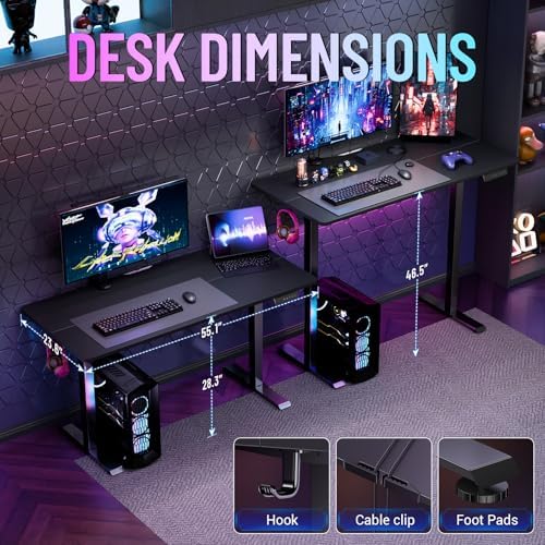 Veken 55 Inch Large Electric Standing Desk, Gaming Table, Black - Image 3